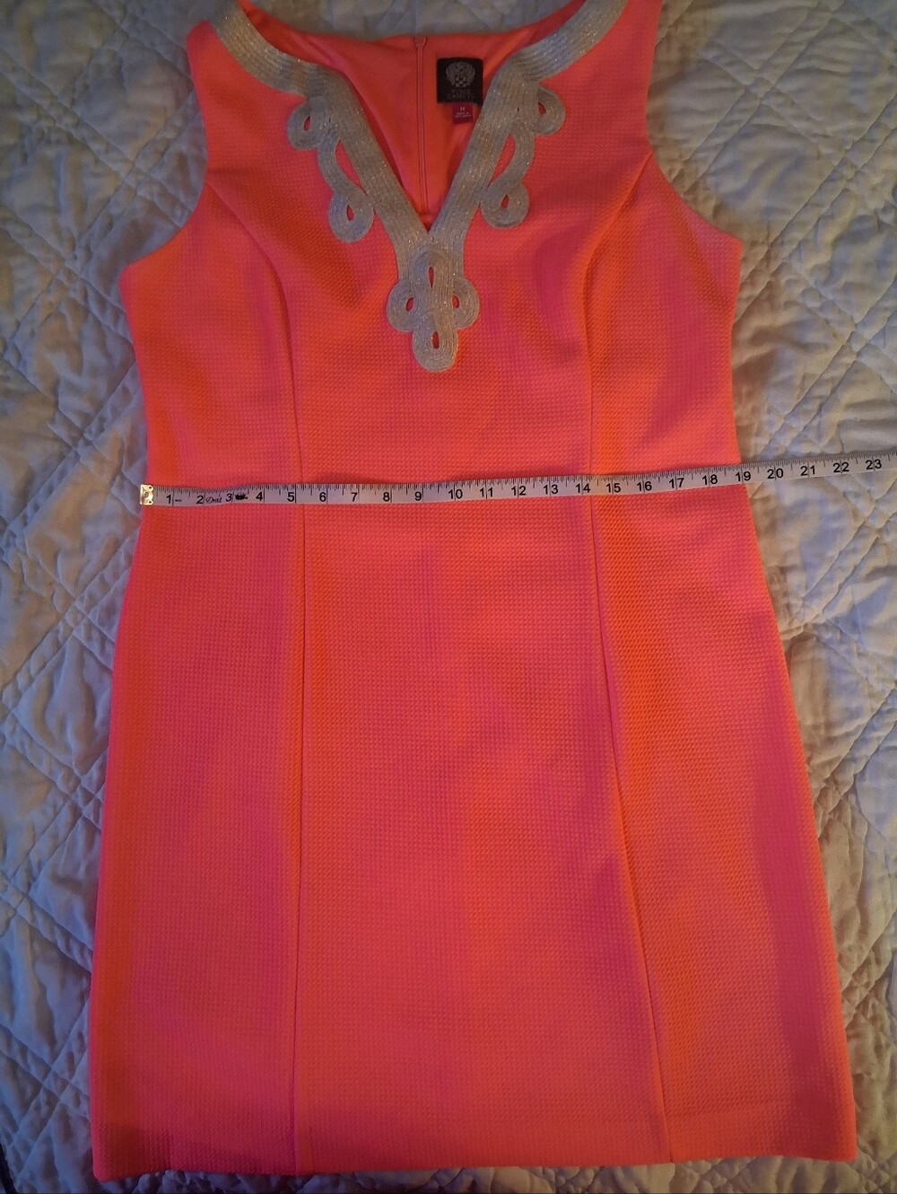 Vince Camuto Hot Pink Sleeveless Embroidered Gold V-Neck Mini Dress. Size 14 - Picture 6 of 8